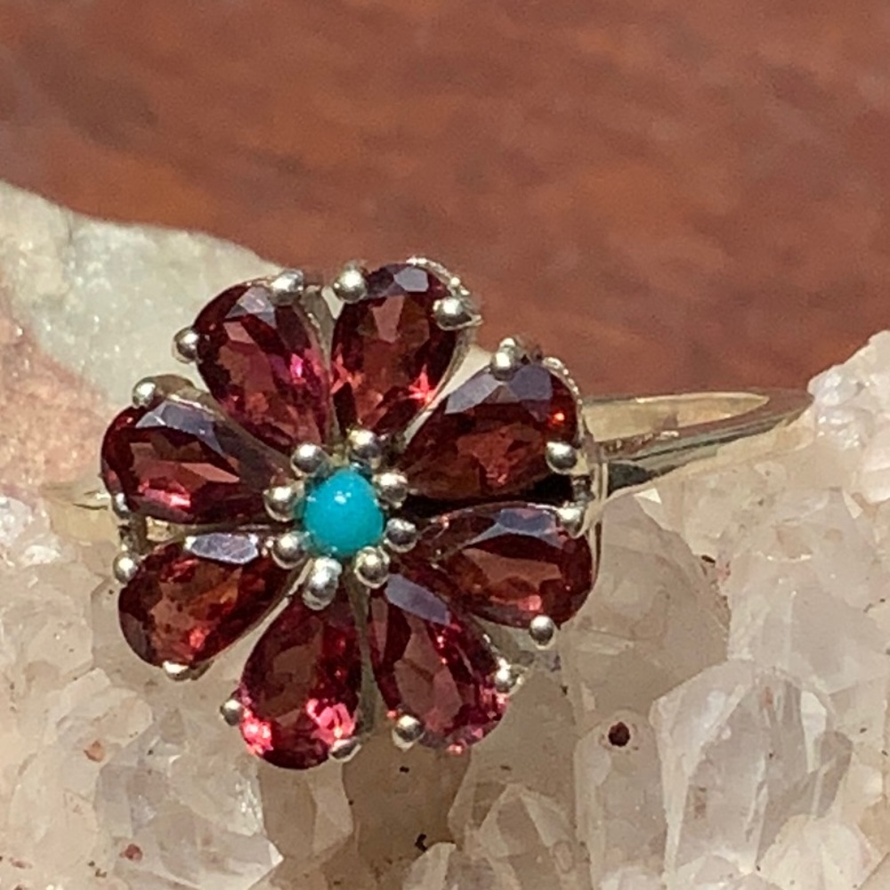 GARNET & TURQUOISE 925 STERLING SILVER RING, SIZE 7.75